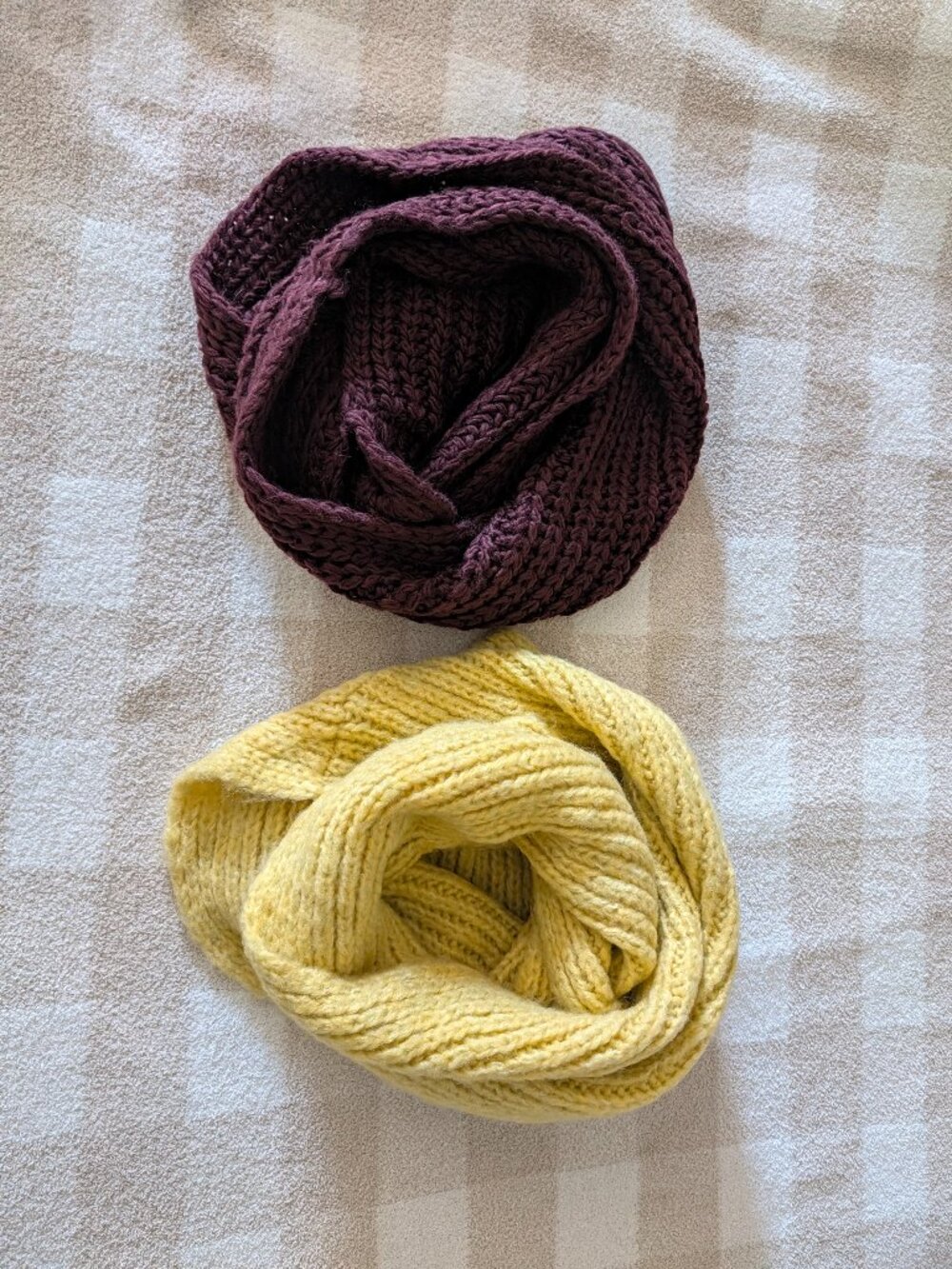 Set of 2 infinity scarves burgundy and yellow chunky knit winter warm cozy